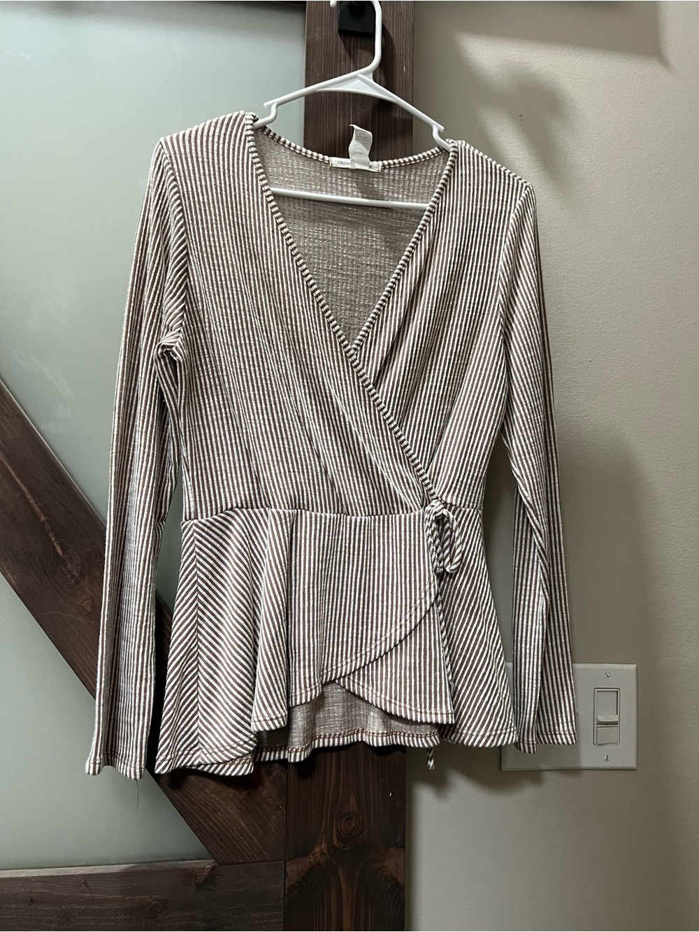 Cable & Gauge Beige and White Striped Wrap Peplum Top